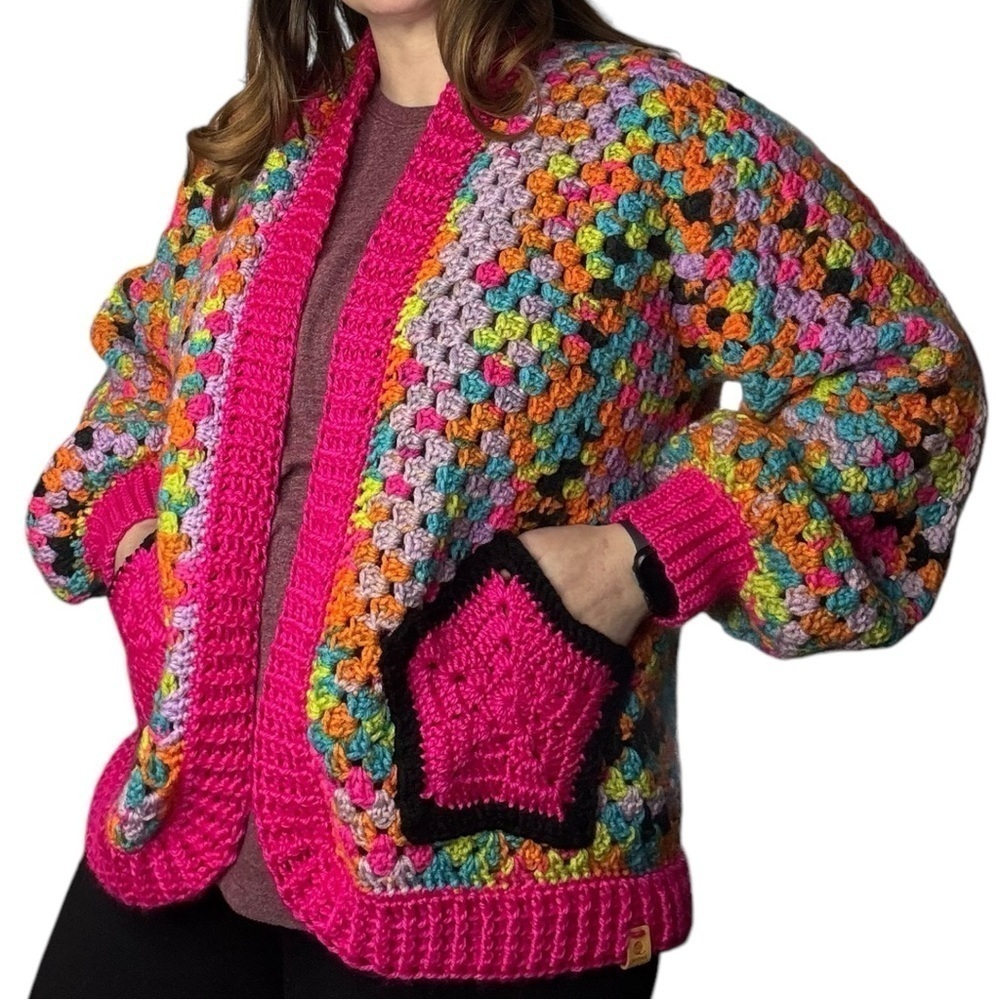 Handcrafted Crochet Hexagon Cardigan Sweater Open Front Wide Sleeve 2 Pockets - Picture 3 of 16